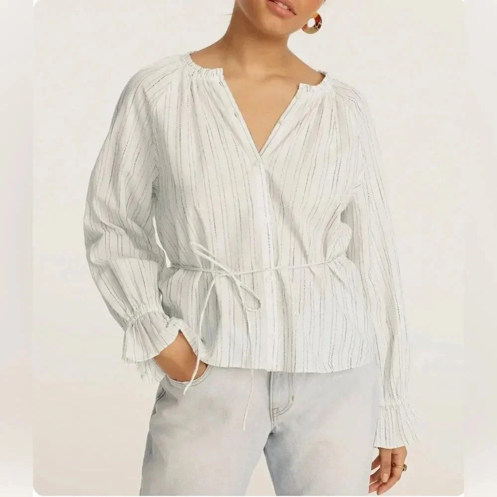 NEW J crew Button-up tie-waist top in stripe